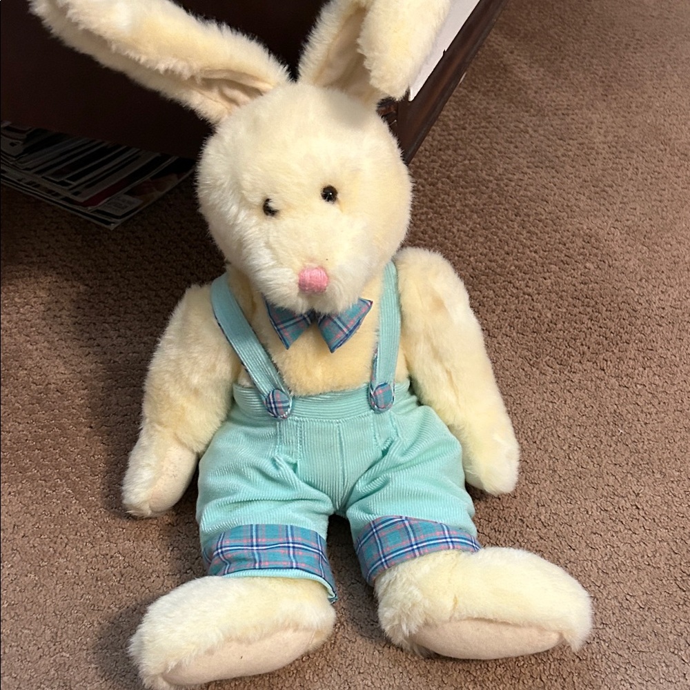 Yellow Stuffed Bunny with Green Overalls